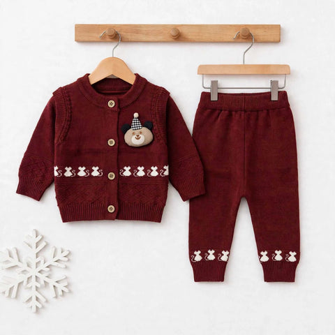 Imported Wool Baby Suit Set – Buttoned Shirt & Trouser Maroon Bear | Winter Clothing Set | 0–2 Years