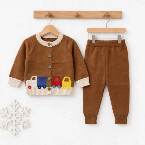 Imported Wool Baby Suit Set – Buttoned Shirt & Trouser Brown Car | Winter Clothing Set | 0–2 Years