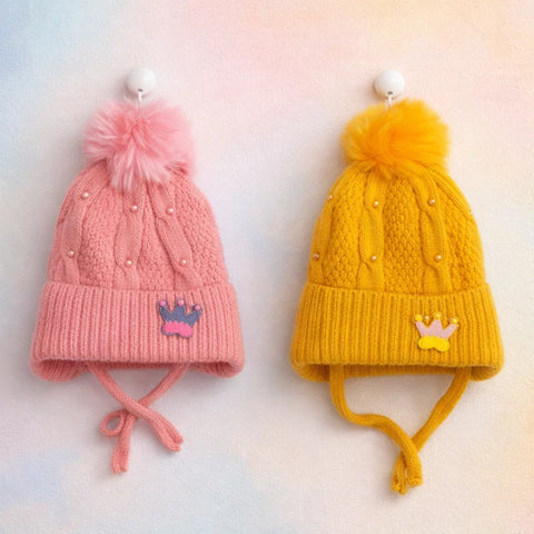 Pack of 2 - Woolen Caps - Yellow & Pink - Beads & Bow - 26