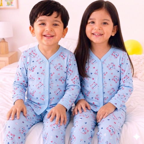 TBS - Cotton Jersey - Night Suit - Light Blue - Meow - 26