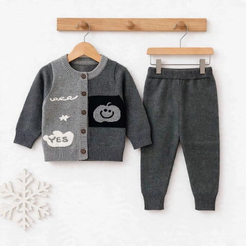 Imported Wool Baby Suit Set – Buttoned Shirt & Trouser Grey Smile | Winter Clothing Set | 0–2 Years