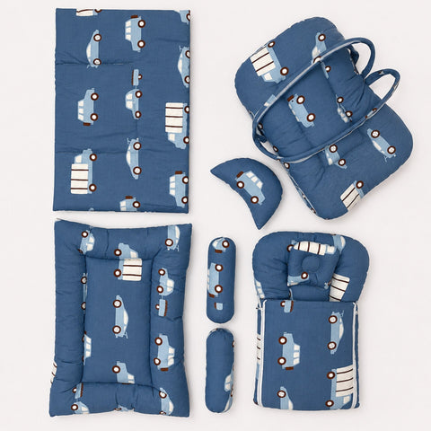 Newborn Cotton Bedding Set - 8 Pieces - Blue - Cars