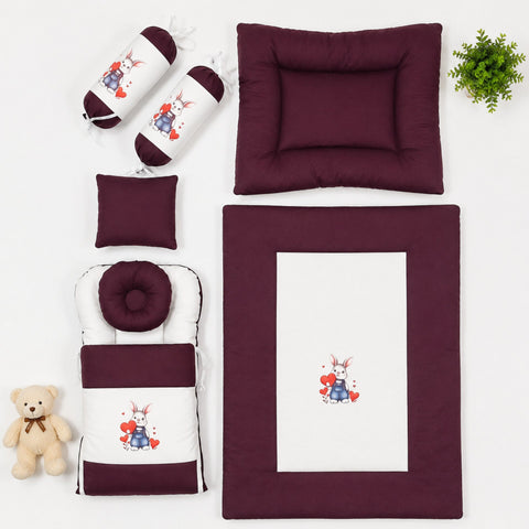 Newborn Cotton Bedding Set - 7 Pieces - Maroon - Bunny