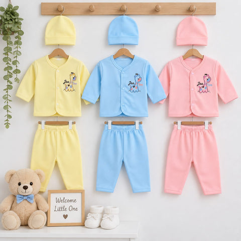 9 Pieces Newborn Fleece Clothing Set for Winter – 3 Shirts, 3 Trousers & 3 Caps | Girrafe BPY