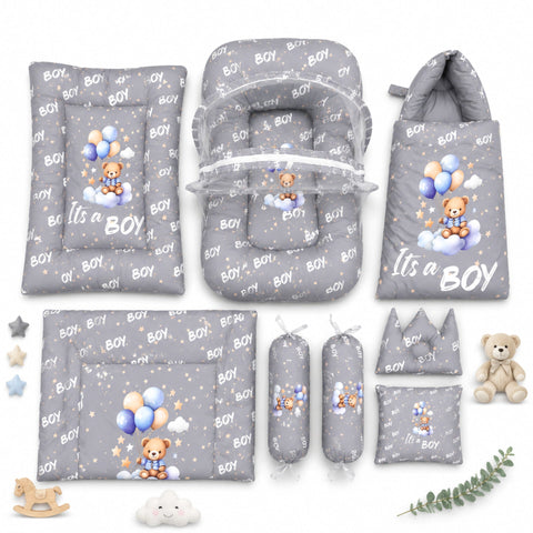 8 Pieces - Cotton Bedding Set - Grey - Bear & Boy - 26