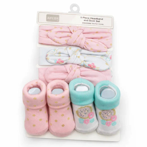 Aifeier - 5 Pieces - Headband & Socks Gift Set - (0-9 Months)