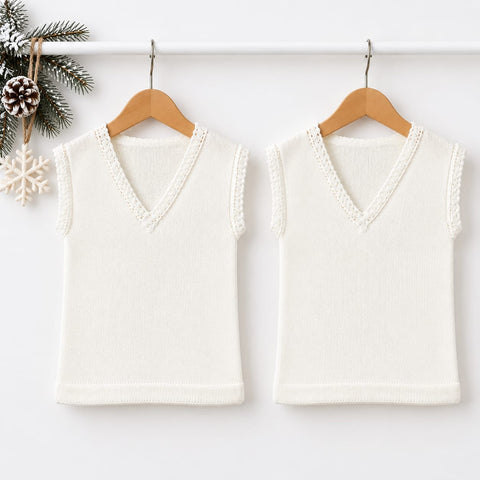 Pack of 2 Woolen Vests V Neck for Kids – White | Winter Innerwear 4-10 Years