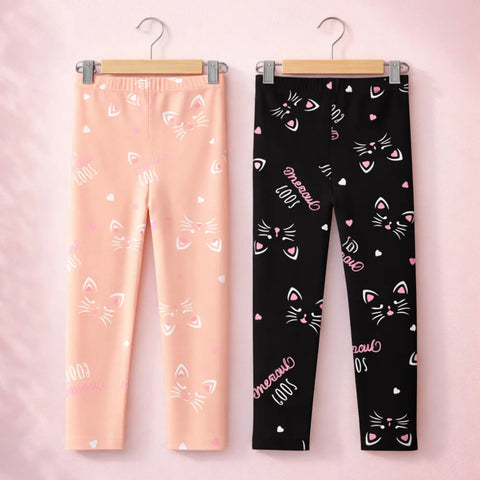Pack of 2 - Printed - Trouser Tights - Black & Pink - Meow