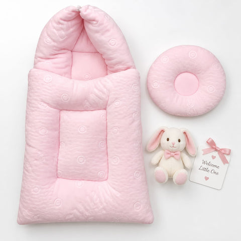 Fleece Hooded Baby Carry Nest – Light Pink Circles | Soft Newborn Sleeping Bag & Carry Bed