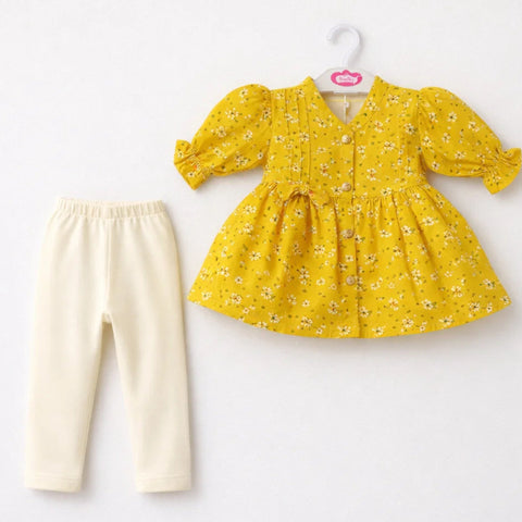 P&P - 2 Pieces - Frock Set - Yellow - Mini Flowers