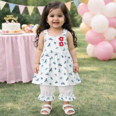 AG - 2 Pieces - Frock Set - Green - Flower & Cherries