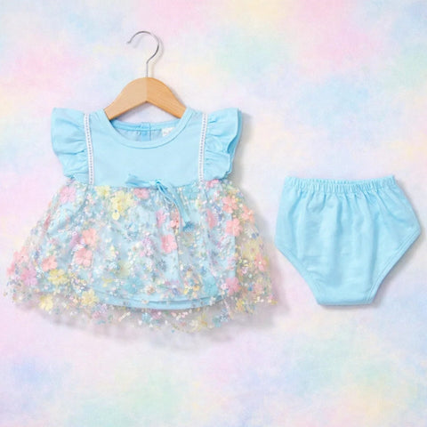 Glamour - Short Sleeve - Fancy Frock Set - Light Blue - Net Flowers