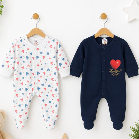 Close Feet Rompers - Pack of 2 - Navy & White - Hearts - TBS