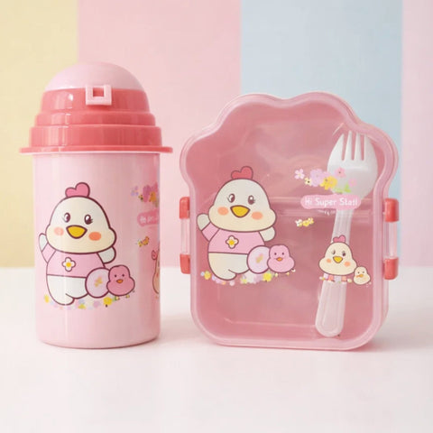 2 Pieces - Star Lunch Box & Water Bottle - Gift Set - Duck - Pink