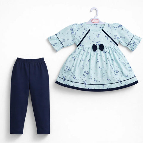P&P - 2 Pieces - Frock Set - Light Blue - Bow & Leaves