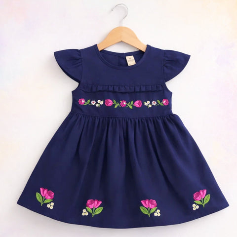 P&P - Short Sleeve - Embroidered Frock - Navy - Strip Flowers & Leaves