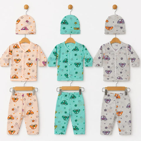 9 Pieces Newborn Cotton Clothing Set for Babies – 3 Shirts, 3 Trousers & 3 Caps | Cars PGG