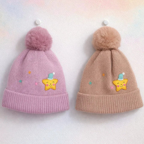 Pack of 2 - Woolen Caps - Purple & Pink - Pom Star - 26