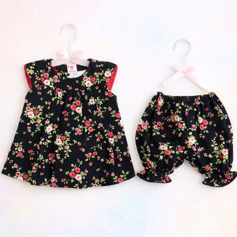 PR - 3 Pieces - Frock Set - Black - White & Red Rose