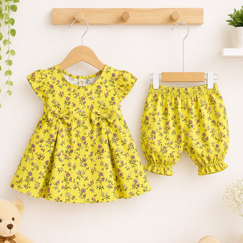 P&P - 2 Pieces - Frock Set - Yellow - Flowers & Bow