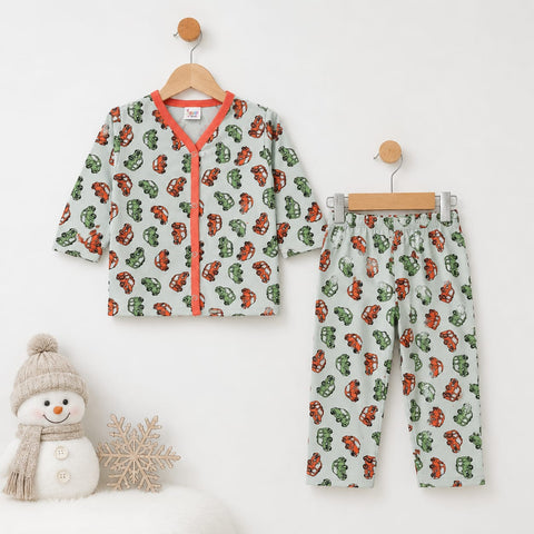 A baby clothing set consisting of a long-sleeve zip-up cardigan and matching pants, both featuring a green and orange pattern of stylized cars on a light gray background. The cardigan has a coral orange trim and zipper.