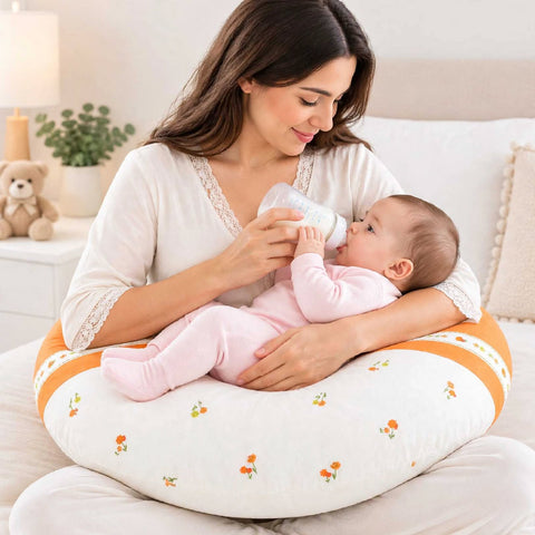 A woman in a white lace-trim top holds a baby in a pink footed onesie on an orange and white floral nursing pillow while feeding the baby with a bottle in a softly lit bedroom.