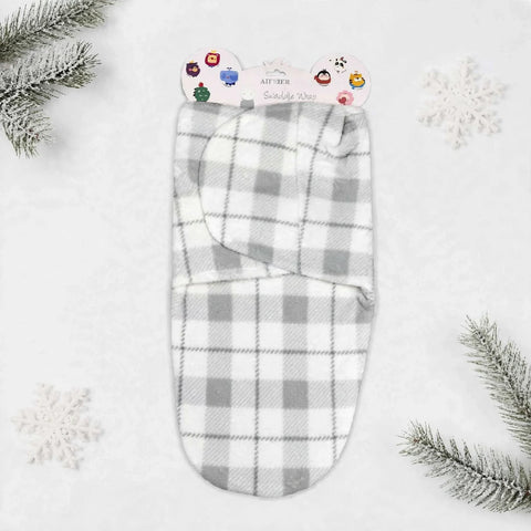 Imported Plush Fleece Newborn Adjustable Swaddle Wrap – Grey Check | Soft Infant Baby Wrap 19×13 Inches