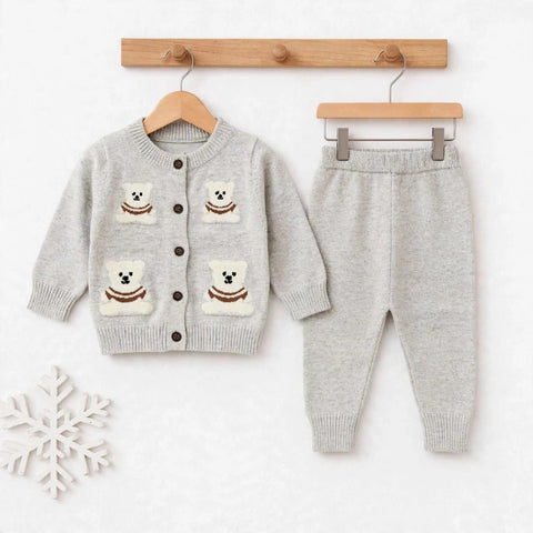 Imported Wool Baby Suit Set – Buttoned Shirt & Trouser Grey Bear | Winter Clothing Set | 0–2 Years