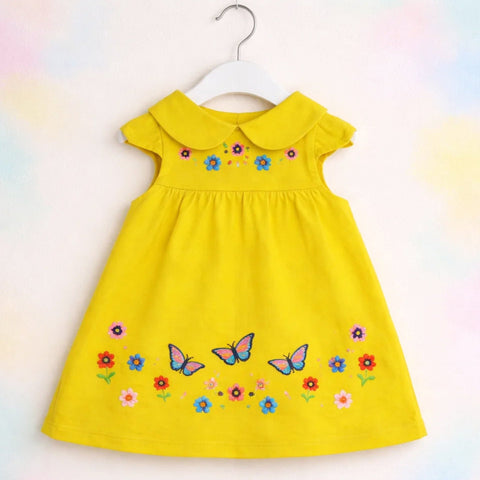 PR - Embroidered Frock - Yellow - Butterfly & Flowers