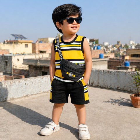 Cotton Jersey - Sando & Short - Yellow & Navy - Pocket