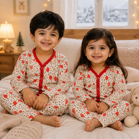 Two children sitting on a bed wearing matching holiday-themed pajamas with a red and black berry pattern on a cream background.