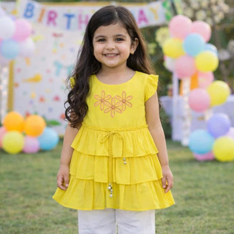P&P - Short Sleeve - Embroidered Frock - Yellow - Three Flowers