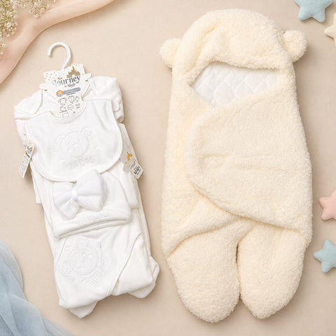 Newborn Welcome Bundle - Velvet White Bear Starter Set & Fur Swaddling Blanket with Legs