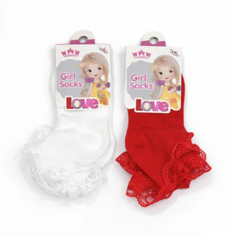 Sophia - Pair of 2 - Frill Socks - White & Red (4-6)
