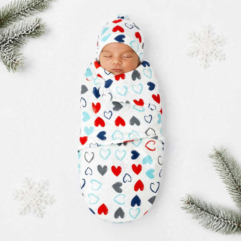 Swaddle with Cap - Colorful Hearts