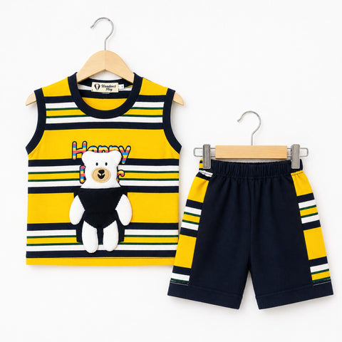 Cotton Jersey - Sando & Short - Yellow & Navy - Happy Bear