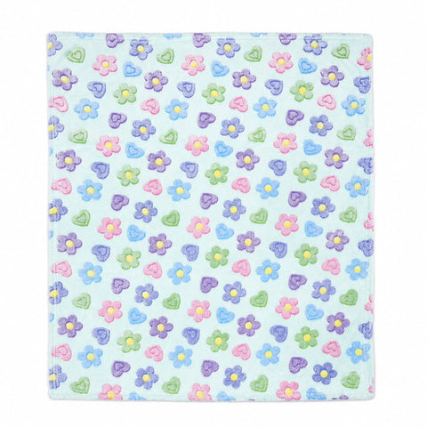 A square baby blanket with a light blue background and an all-over pattern of small embroidered flowers in purple, pink, blue, and green.