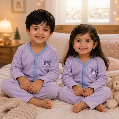 Two children sitting cross-legged on a bed wearing matching lavender pajamas with light blue trim and a cartoon cat graphic on the chest. The room is warmly lit with a lamp, window, and teddy bear visible in the background.