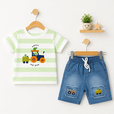 Cotton T-Shirt & Shorts - Green - Explore - ST