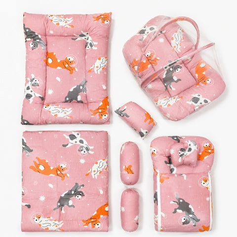Newborn Cotton Bedding Set - 8 Pieces - Cat - Pink