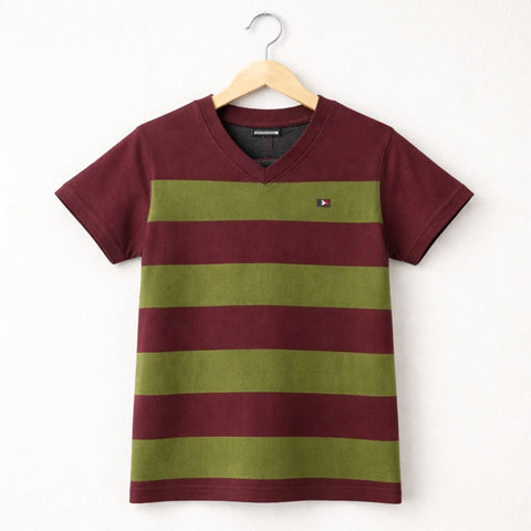 TH - Short Sleeve - V Neck - T-Shirt - Maroon & Green