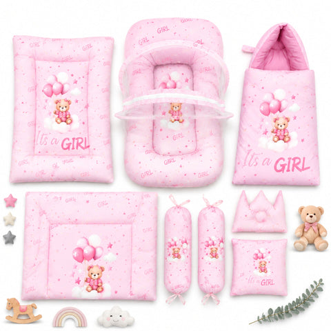 8 Pieces - Cotton Bedding Set - Pink - Bear & Girl - 26