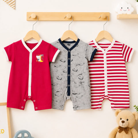 LO - Cotton Jersey - Pack of 3 - Short Leg Rompers - Red & Grey - Stripes & Fish