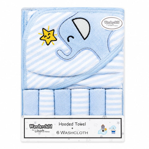 Newborn Bath Towel Gift Set - 7 Pieces - Blue - Elephant