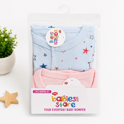 Close Feet Rompers - Pack of 2 - Blue & Pink - Stars - TBS