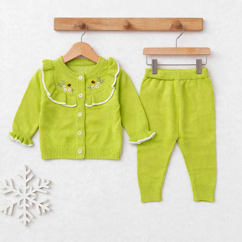 Imported Wool Baby Suit Set – Buttoned Shirt & Trouser Green Flowers | Winter Clothing Set | 0–2 Years