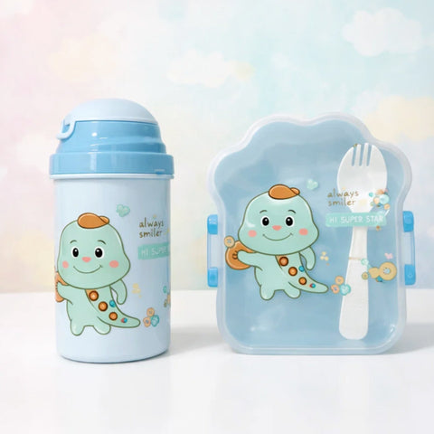 2 Pieces - Star Lunch Box & Water Bottle - Gift Set - Dino - Blue