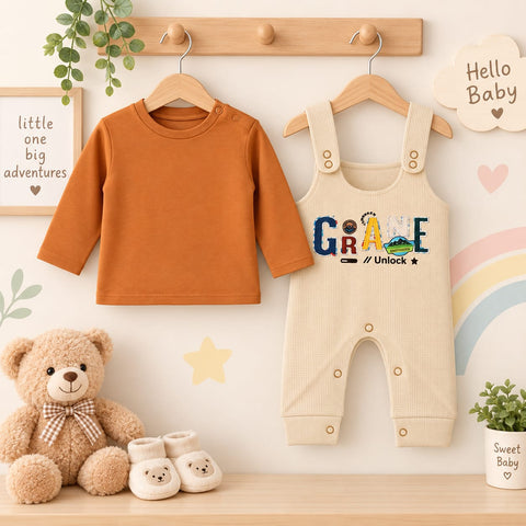 A baby clothing set displayed on wooden hangers against a decorated wall, featuring a rust-orange long-sleeve top and a cream-colored bib-style romper with a colorful 'GRAZE #Unlock' graphic. A teddy bear, small booties, and nursery wall decorations are a