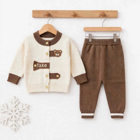 Imported Wool Baby Suit Set – Buttoned Shirt & Trouser Cream Small Bear | Winter Clothing Set | 0–2 Years