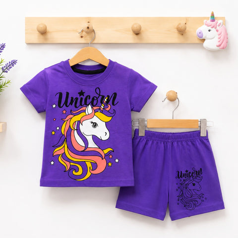 Cotton Jersey T-Shirt & Shorts - Purple - Unicorn